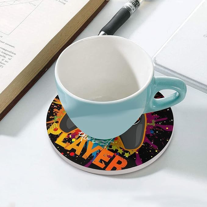 Round-6PCS Gamer Drink Coasters, Round Modern Ceramic Absorbent Coasters, Kids Cool Gamepad Colorful Game Controller Gaming Gamer Decor Desk Coffee Table Coaster for Beverage Cup Tea Coasters
