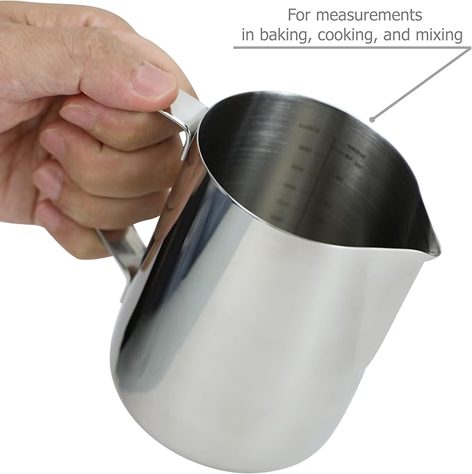 EIKS Stainless Steel Measuring Cup Steaming Pitcher Milk Frothing Jug with Handle, Pour Spout and ML/Ounce Scale (600ml)