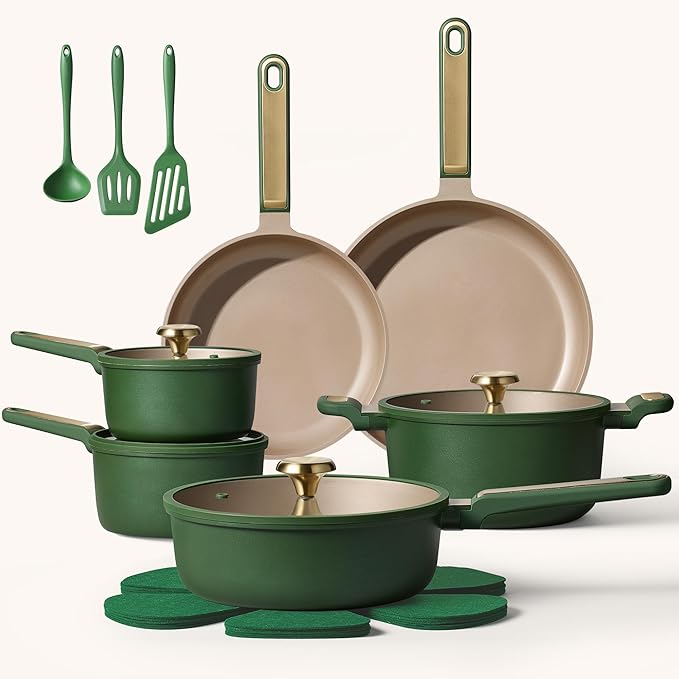 CAROTE Pots and Pans Set Non stick, 18pcs NonStick Kitchen Set Induction Cookware Non-toxic Cooking Set, Dishwasher/Oven Safe,Cookware Set,Green