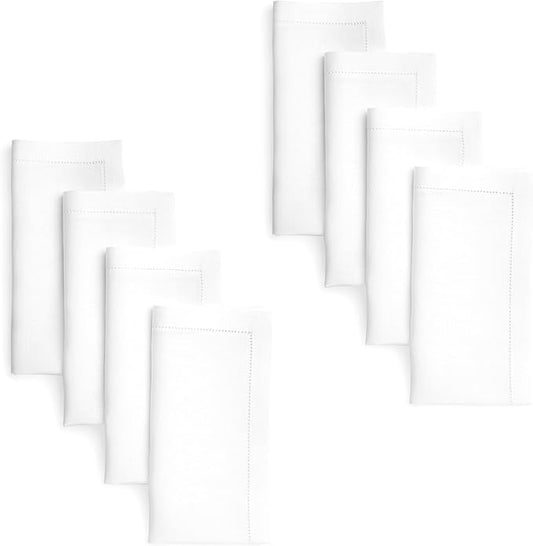 D'Moksha Homes White Linen Napkins Set of 8 - Classic Hemstitch 100% Pure Linen Hemstitch Dinner Napkins 20 x 20 Inch for Valentines, Spring, Easter - Handcrafted and Machine Washable