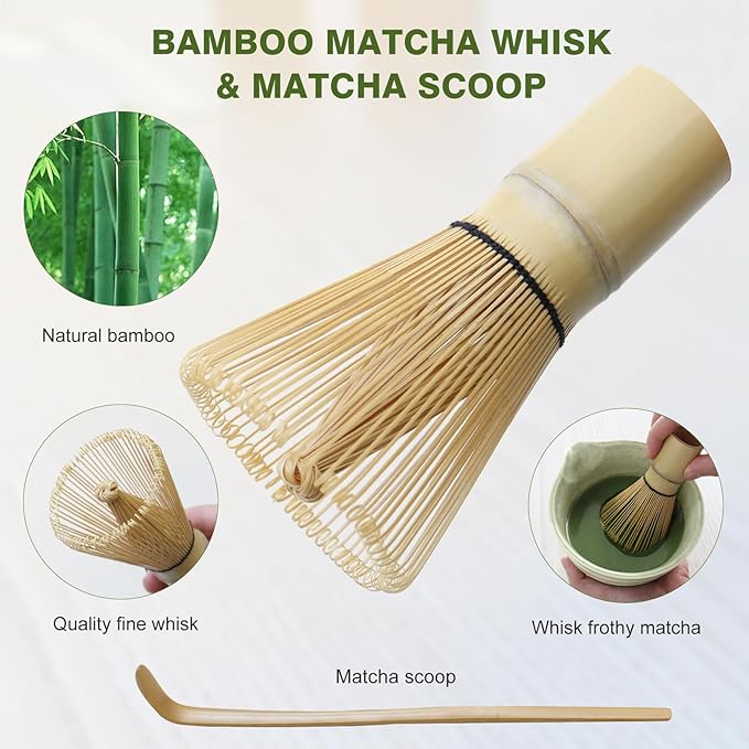 Matcha Whisk Set, 8pcs Japanese Ceremonial Matcha Kit include Mixing Bowl with Spout, Bamboo Whisk and Holder, Bamboo Matcha Scoop and Spoon for Matcha Tea Lovers