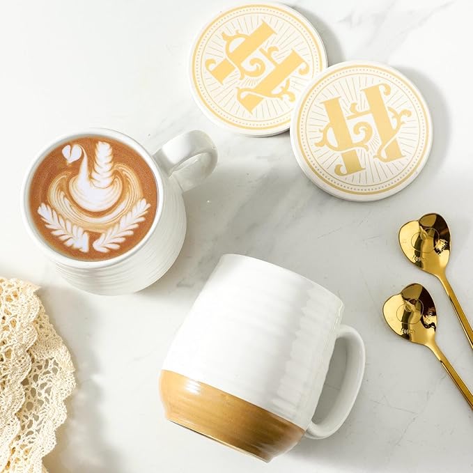 HASENSE Coffee Mugs Gift Set, 20oz Ceramic Mugs Set of 2 with Handle, Glaze Coasters & Spoons in Storage Box, For Coffee Tea and Cocoa, White Couple Mugs for Christmas Thanksgiving