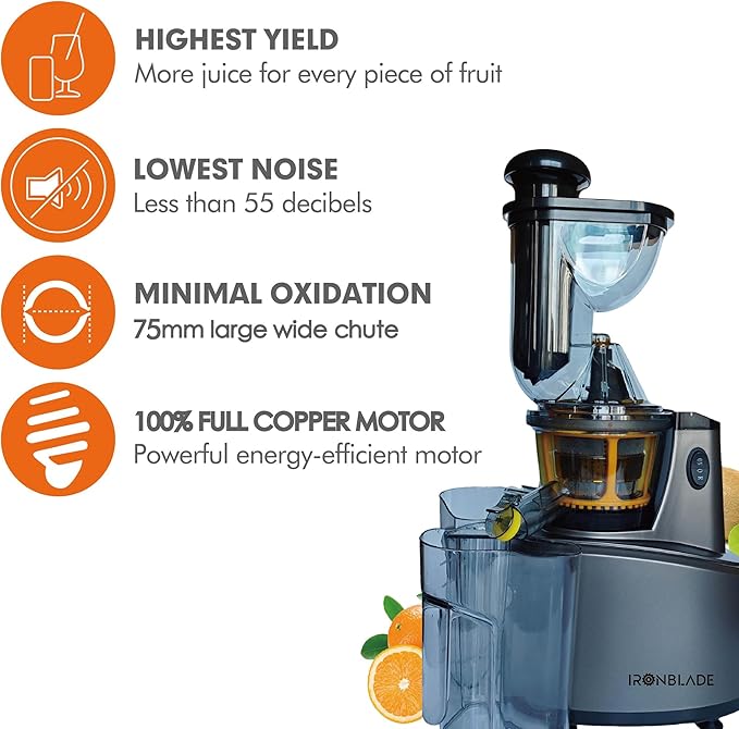 EMB Ironblade IBLJU20 Cold Press Slow Juicer, High-Yield Extraction, Quiet 55dB Operation, 75mm Wide Chute, Full Copper Motor, BPA-Free, Easy to Clean for Fruits & Vegetables