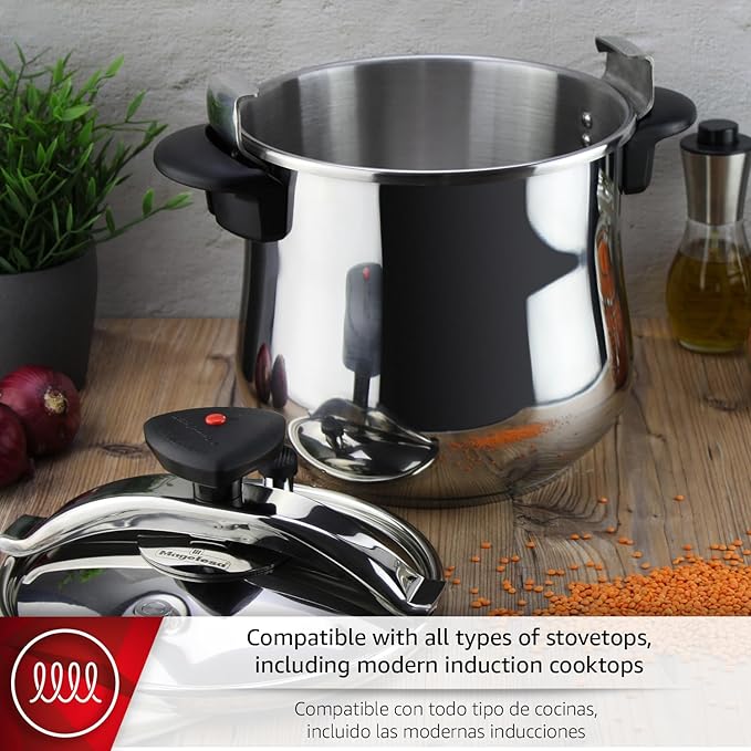 MAGEFESA Star Belly Pressure Cooker 6.3 Qt – 18/10 Stainless Steel, Rounded Bottom, 3 Safety Systems, Works on All Stovetops Including Induction, 8 PSI