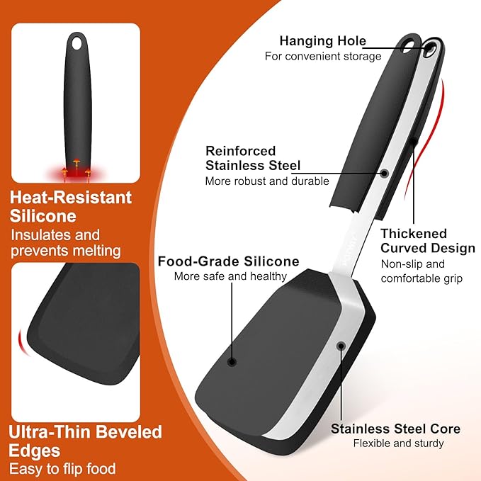 Silicone Spatula, 13 x 3.2 In, 600°F Heat Resistant Kitchen Spatula, BPA Free, Flexible Turner For Non Stick Frying Pan, Cooking, Flipping Egg and Pancake, Dishwasher Safe, Black