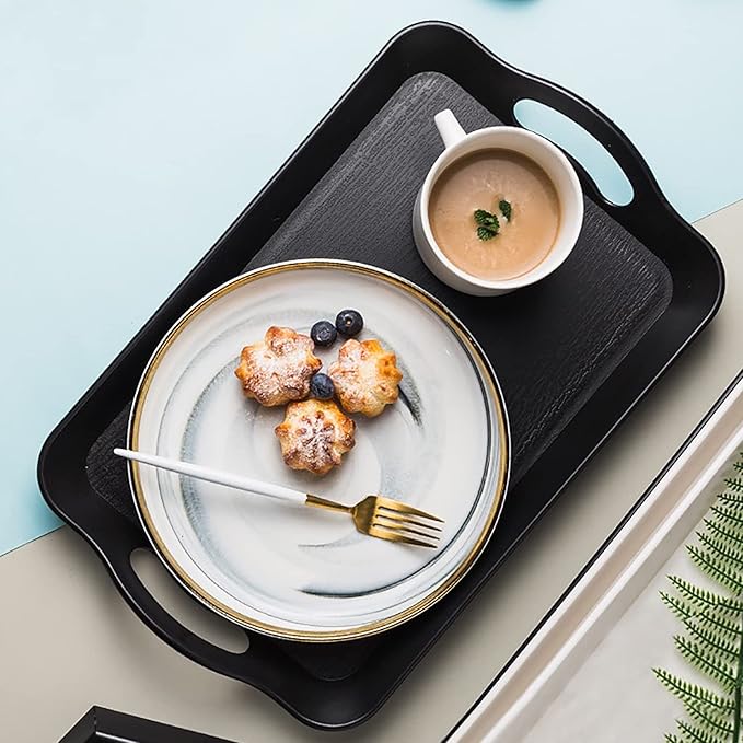 Cedilis 3 Pack Black Serving Trays with Handles,16 x 11IN Rectangular Non Skid Multi-Purpose Plastic OttomanTray for Restaurant, Parties, Coffee Table, Kitchen