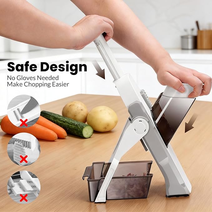 Safe Mandoline Slicer for Kitchen, Multi Vegetable Slicer & Chopper with 4 Modes & 8 Thickness Adjuster, Mandolin Slicer with Cleaning Brush for Potato, Onion (Slate Gray)