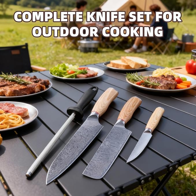 KOFERY Hand Forged Damascus Chef Knife Set with Roll Bag and Sharpener - Ideal for Culinary, Camping and BBQ(Natural-Wood Handle)