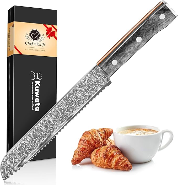Kuwata Bread Knife, Multifunction Serrated Knife, VG10 Damascus Steel Bread Cutting Knife for Homemade Bread, Razor Sharp Edge for Efficient Slicing Sourdough Bread, Bagels, Cake
