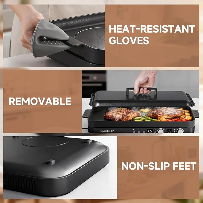 AMZCHEF Portable Indoor Grill: 1800W Electric Grill Griddle with Removable Grill Pan, 5 Temperature Levels & 99 Min Timer Electric Griddle
