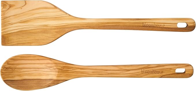 Bloomhouse 3-Piece 4.8-Quart 9 X 13 Ceramic Bakeware Set with Olive Wood Tools – Linen/Taupe Baking Dish with Handles, Oven Safe, Durable Stoneware for Casseroles, Roasting & Serving