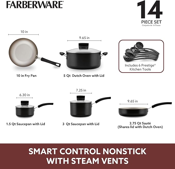 Farberware Smart Control Nonstick Cookware Pots and Pans Set, 14 Piece, Black