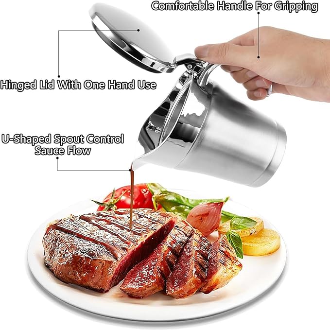 Stainless Steel Insulated Gravy Boat with Lid – 450ML/16OZ Double Insulated Gravy Pitcher for Hot & Cold Sauces – Sauce Jug with Hinged Lid, Ideal for Gravy or Cream at Thanksgiving, Gravy Pitcher