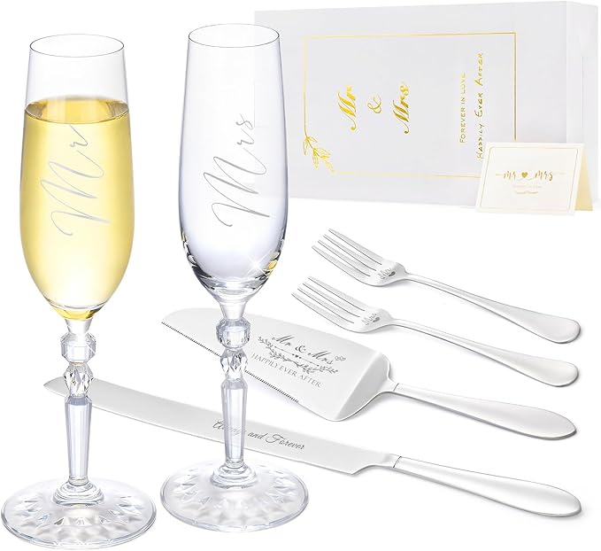 BEKESIN Wedding Cake Knife and Server Set with Forks, Classical Style Crystal Champagne Flutes Toasting Glasses for Bride and Groom, Wedding Gifts for Couples, Engagement and Bridal Shower Gifts