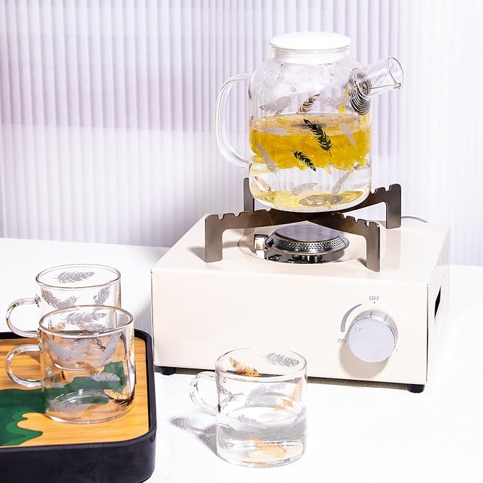 QUANSHNAGJU 5 Piece Glass Tea Pot Set, Golden Maple Leaf Pattern Glass Teapot 25.4oz 750ml With 4 Cups 5.4oz 160ml Stovetop Safe Teapot For Loose Leaf Tea, Perfct As Tea Gift Sets.