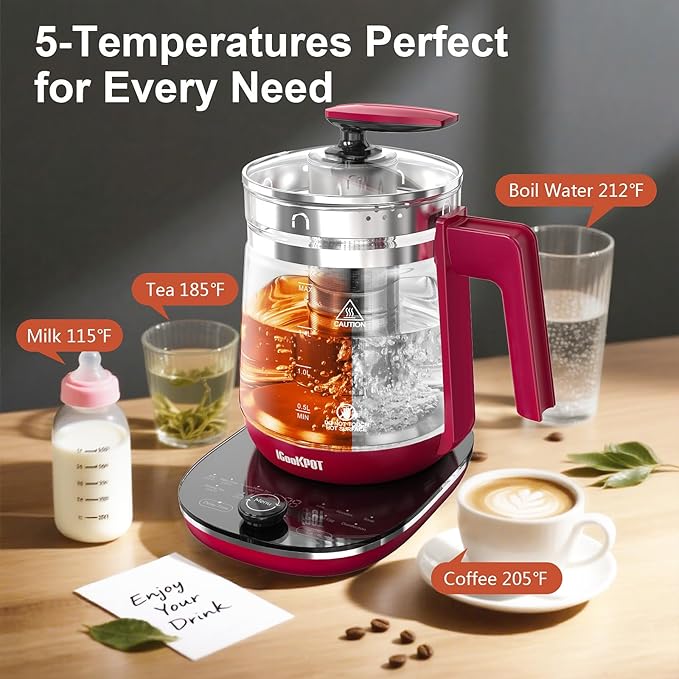 1200w Electric Kettle, 1.5L Borosilicate Glass tea kettle, Hot water kettle electric for Coffee or Tea, BPA Free, Auto Shut-Off, Stainless Steel, Fast Boil, Red