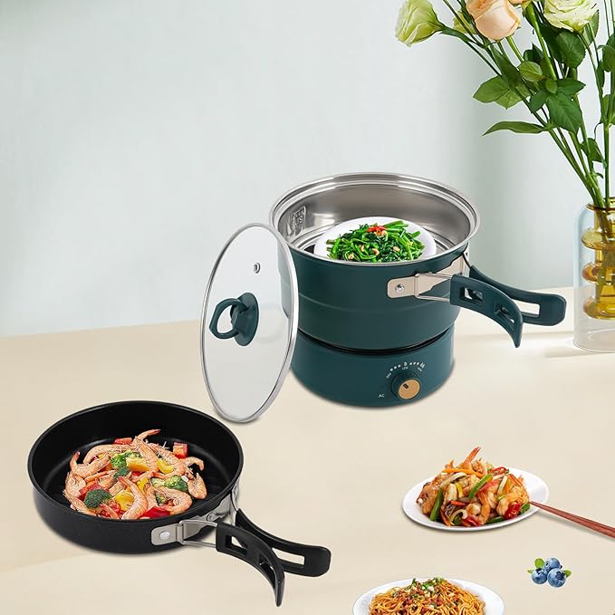 Multifunctional Electric Cooker，500W 110V Folding Portable Multi-Functional Non-Stick Split Electric Hot Pot,1.6L Mini Ramen Cooker for Pasta, Soup, Oatmeal Steak, Eggs StirFrying (green)