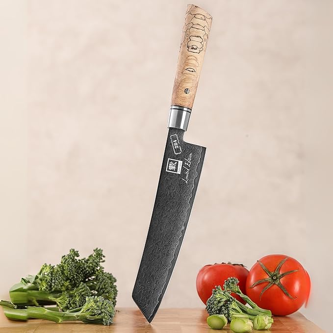 zayiko Limited Edition Kiritsuke Knife Black Meteor – 8-Inch Damascus Blade | 67 Layers Steel with VG10 Core & Titanium Coating | Maple Wood Handle | Professional Kitchen Knife in Gift Box