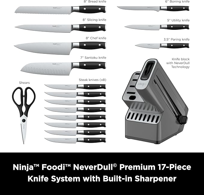 Ninja K32017 Foodi NeverDull Premium Knife System, 17 Piece Knife Block Set with Built-in Sharpener, German Stainless Steel Knives, Black