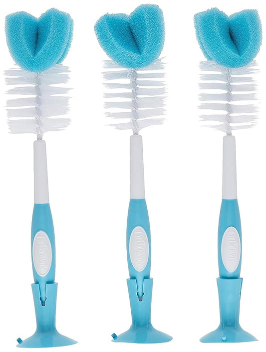 Dr. Brown's Reusable Sponge Baby Bottle Cleaning Brush Set with Suction Cup Stand, Scrubber and Nipple Cleaner, Blue 3-Pack