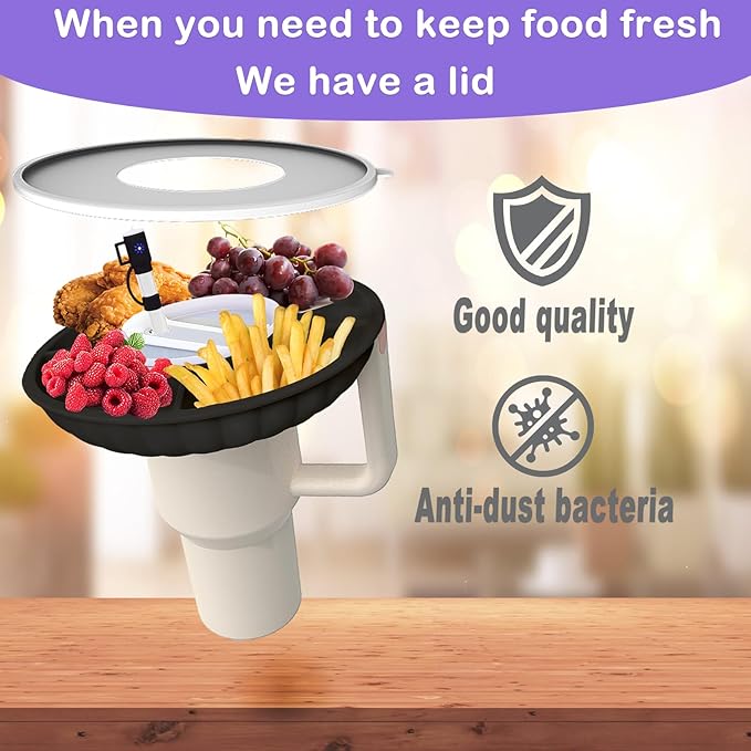 Stanley Snack Tray with Lid and Straw Covers Cap，Compatible with Stanley Cup 40 oz, Stanley Cup Accessories for Car Cup Holder, Home, Party,Outdoor，Silicone Snack Bowl Black