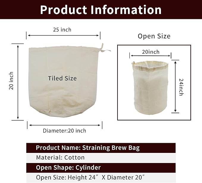CONIE Extra Large 20"x24" Reusable Straining Brew in a Bag Cheesecloth Brewing Bag with Sturdy Draw Strings