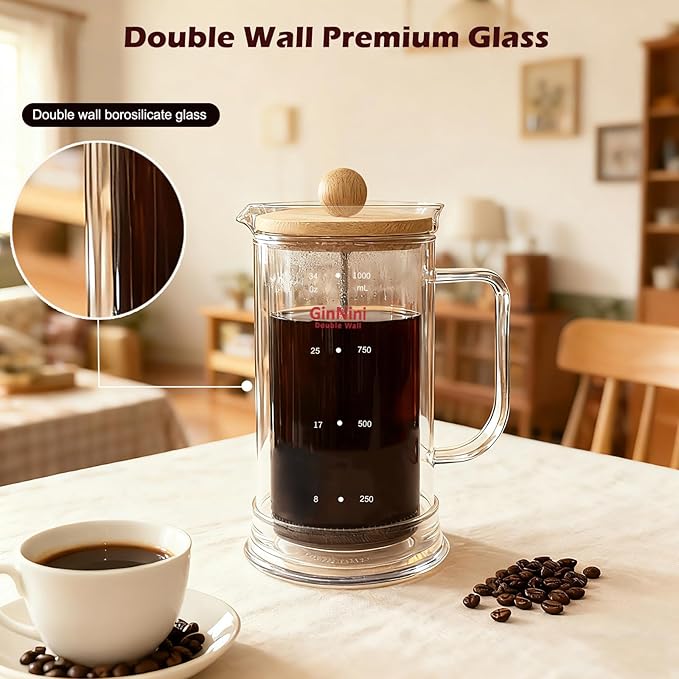 GinNini 34-Ounce French Press Coffee Maker, Double Wall Borosilicate Glass Carafe with Removable Stainless Steel Filter and Shaft with Enlarged Bamboo Knob and Lid,Heat-Resistant for Coffee and Tea