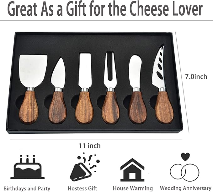 Cheese Knives Set, 6-Piece Stainless Steel Cheese Knife Collection with Cheese Slicer Cheese Cutter Cheese Fork,Cheese Spreading Knife for Charcuterie Boards and Cutlery Gift Set