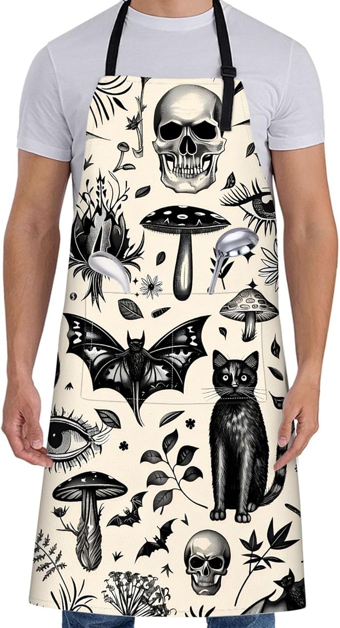 Gothic Apron for Women with Cats, Skulls, And Bat,28x33in,Goth Kitchen Aprons with 2 Pockets, Oxford Fabric,Bold Halloween Adjustable Apron for Cooking Baking Gardening Chef,Gifts for Mom Wife