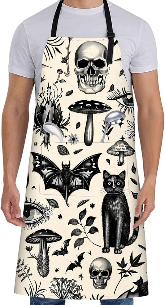 Gothic Apron for Women with Cats, Skulls, And Bat,28x33in,Goth Kitchen Aprons with 2 Pockets, Oxford Fabric,Bold Halloween Adjustable Apron for Cooking Baking Gardening Chef,Gifts for Mom Wife