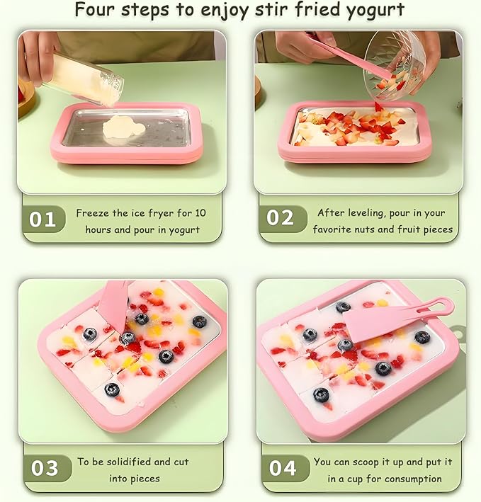 Rolled Ice Cream Maker,Parent Child Homemade Instant Frozen Yogurt Maker,with 2 Spatulas,Plug In Free,Food-Grade 304 Stainless Steel,Safer for Children To Use(Pink, (8.9in*6.9in*1.6in))