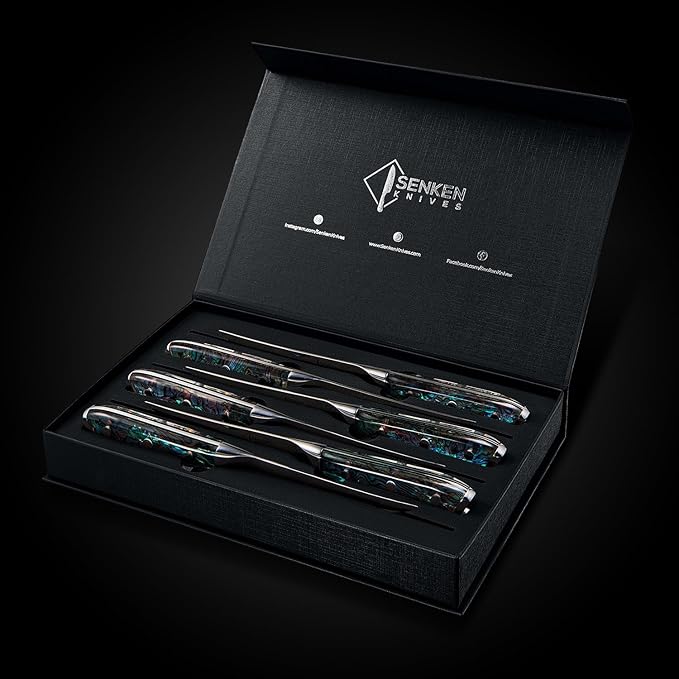 SENKEN 6-Piece Damascus Steak Knife Set, Non-Serrated Blades, Real Abalone Shell Handle Handle, "Umi" Collection Japanese Steak Knives, Japanese VG10 Steel 67-Layer Damascus