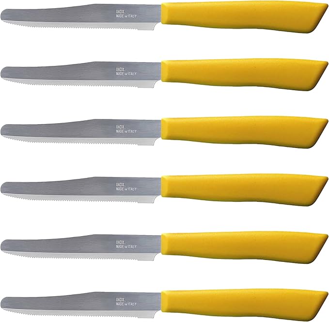 Tredoni 6 kitchen Knives - 4.3"/11cm Italian Stainless Steel Serrated Vegetable/Steak/Table Knife Cutlery, Rounded Tip (Yellow)