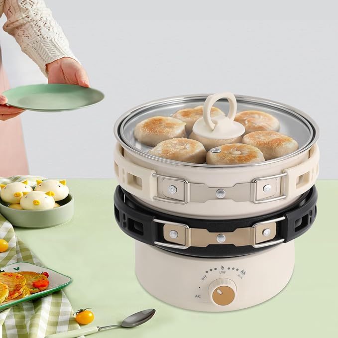 Electric Cooker,Portable Electric Hot Pot with Foldable Handles,Mini Hot Pot,Multifunctional Ramen Noodle Cooker w/Steamer,Non-stick Frying Pan for Pasta,Oatmeal,Soup,Steak Power Adjustment (White)