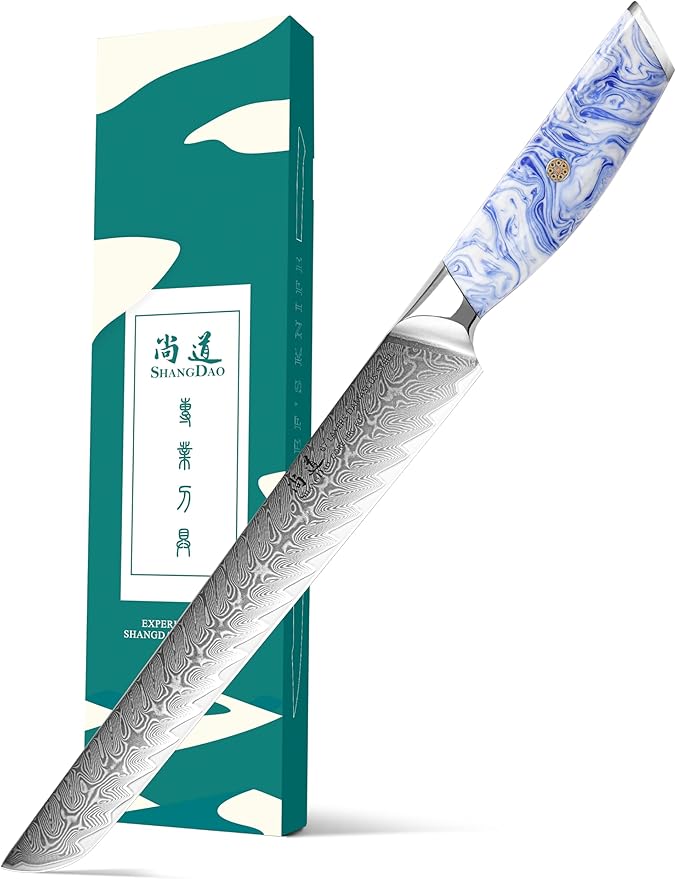 SHANGDAO Brisket Slicing Knife - 10 Inch Professional Kitchen Carving Knife, Forged VG 10 Damascus Steel, Meat Kitchen, Full Tang, Ergonomic Resin Handle