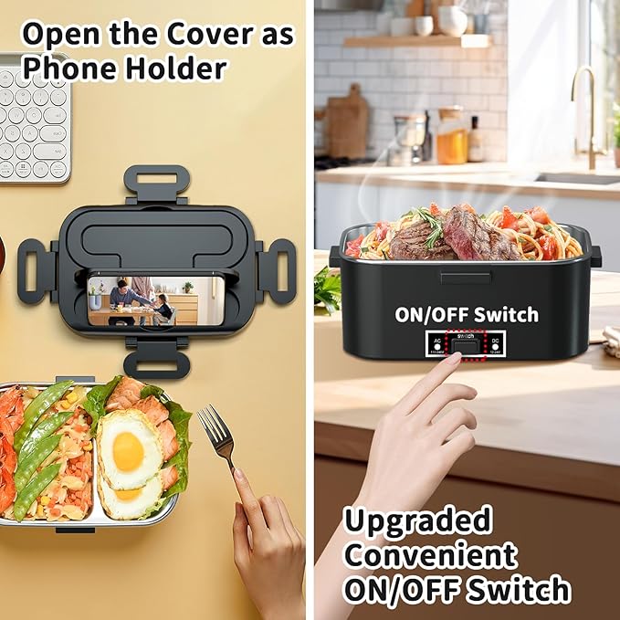 Electric Heated Lunch Box for Adults, 100W 3-IN-1 2 Pack 1.8L Containers Heating Lunch Box for Men Portable Double Layer, Fast Heated Food Warmer,12V/24V/110V for Car Truck Office Home