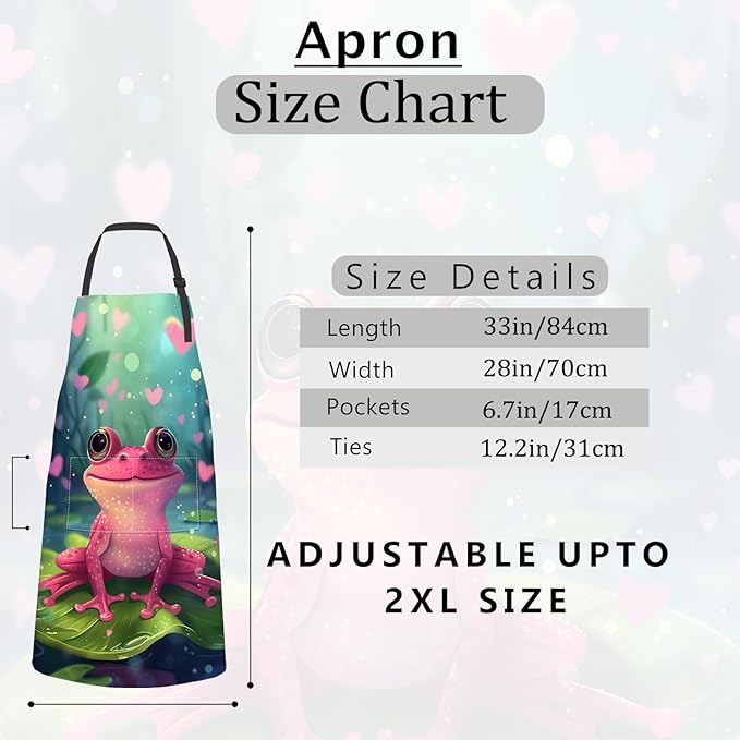 Frog Apron Cute Fantasy with Pink Toad and Hearts Aprons Waterproof Oxford Polyester Adjustable Pockets Design for Cooking, Crafting, Garden Decor, for Adults, 28x33 Inch