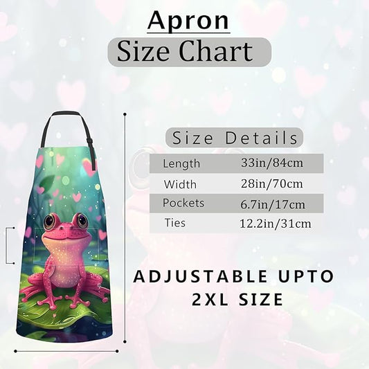 Frog Apron Cute Fantasy with Pink Toad and Hearts Aprons Waterproof Oxford Polyester Adjustable Pockets Design for Cooking, Crafting, Garden Decor, for Adults, 28x33 Inch