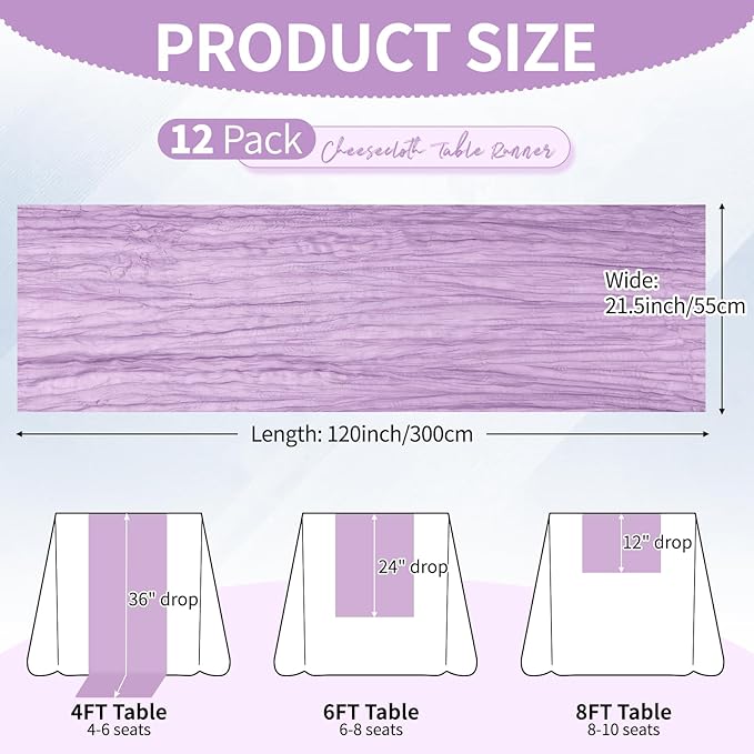 12 Pack Lavender Cheesecloth Table Runner 10Ft, Lilac Purple Table Runners 21.5 x 120 inch,Semi Sheer Cheese Cloth Fabric Runner Bulk for Wedding,Party,Baby Shower,Bridal Shower