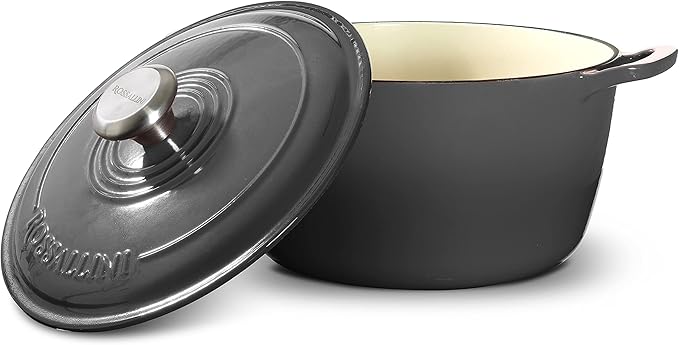 ROSSALLINI Signature Enameled Cast Iron Dutch Oven, Non-Stick Serving Pot with Tight Fitting Lid for Perfect Roasting, Baking, Sauteing, and Bread Making | 4.5Q (4.2L) - Oyster Grey