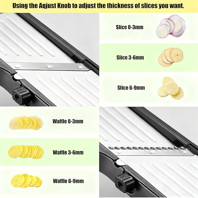 Mandoline Food Slicer for Kitchen, Adjustable Stainless Steel Mandoline Vegetable Slicer, Onion/Potato Slicer/French Fry Cutter, 6-Piece Fruit & Vegetable Cutting Set (Black/Silver)