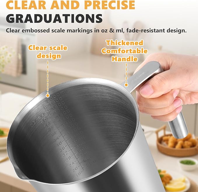 2000ml Stainless Steel Measuring Cup 64 oz with Handle and Glass Lid, Metal Measuring Pitchers with ML/Ounce Scale, Large Mouth Graduated Beakers