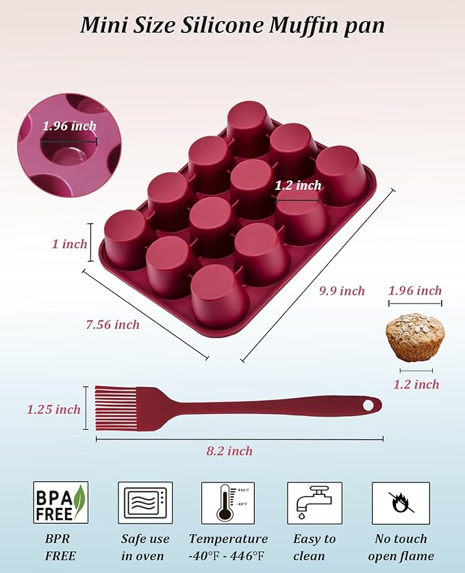 Sinoskye Silicone Muffin Pan, 12-Cup Cupcake Pan with Silicone Pastry Brush for Mini Egg Muffin, Keto Diet, BPA Free, Dark Red