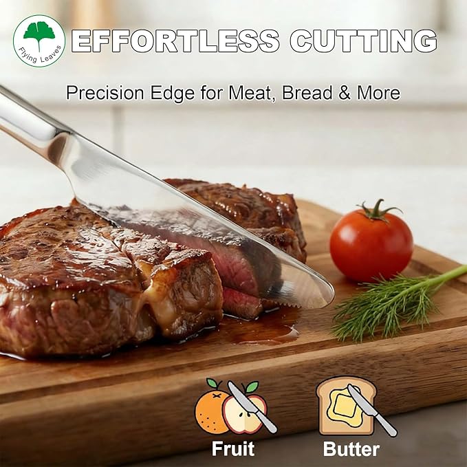 6 Piece Stainless Steel Dinner Knives Set, 9 Inch Table Knives with Mirror Polished Blade, Serrated Edge Cutlery for Kitchen, Dishwasher Safe - Ideal for Home, Restaurant, Gifting