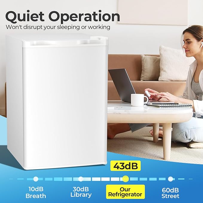 4.5 Cu.ft Mini Fridge with Freezer, Compact Refrigerator with Reversible Single Door, Adjustable Thermostat, Low Noise, Energy Efficient for Office, Dorm, Bedroom, Apartment White