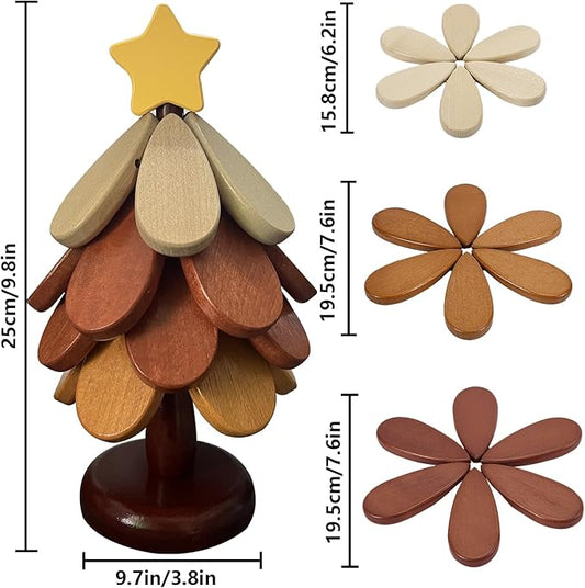Wooden Trivets for Hot Dishes, Tree Shape Trivet Set, 4 Natural Solid Wood + 1 Stand stored Like a Christmas Tree,Foldable Kitchen Wooden Trivet for Pot Bowl Teapot Hot Pot Holder (Wood)