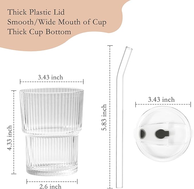 13oz Glass Tumbler with Lids and Straws Ribbed Drinking Glasses Cup Leak Proof Iced Coffee Glass Set of 4 for Soda Smoothie Juice(Clear*4)
