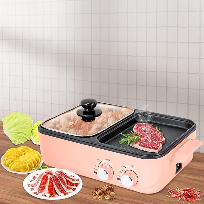 Electric Hot Pot with Grill, 2-in-1 Indoor Electric Grill & Hot Pot Combo, Nonstick Pan For Boiling & Frying for Korean BBQ, Steaks, Shabu Shabu Vegetables Noodles, (Pink)