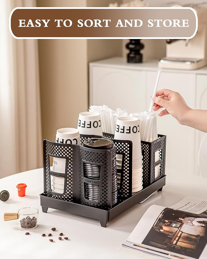 Coffee Cup Holder Organizer Unbreakable 2-IN-1 Paper Cup and Lid Holder with Straw Organizer Adjustable Paper Cup Holder for Countertop Coffee Station Bar Restaurant Breakroom Kitchen Office