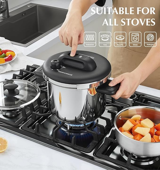 KOCH SYSTEME CS Pressure Cooker Stainless Steel, 6.3 QT Olla de Presion, Easy One-Press Lock, 3 PSI Settings Pressure Cooker, Save 70% Time, Gas & Induction Compatible, Glass Lid & Steamer Rack